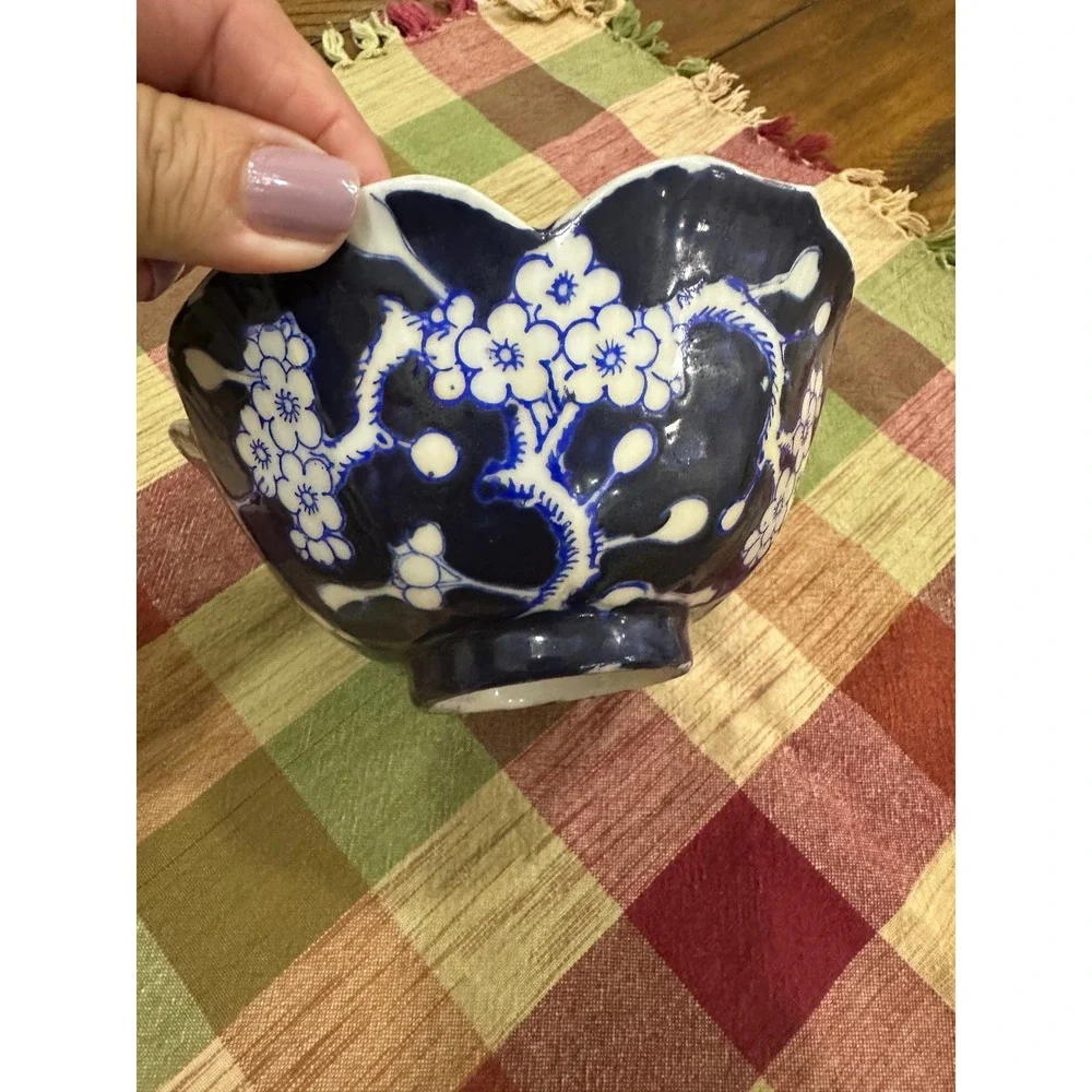 Vintage Japanese Cobalt Flow Blue Cherry Blossom Scalloped Porcelain Bowl